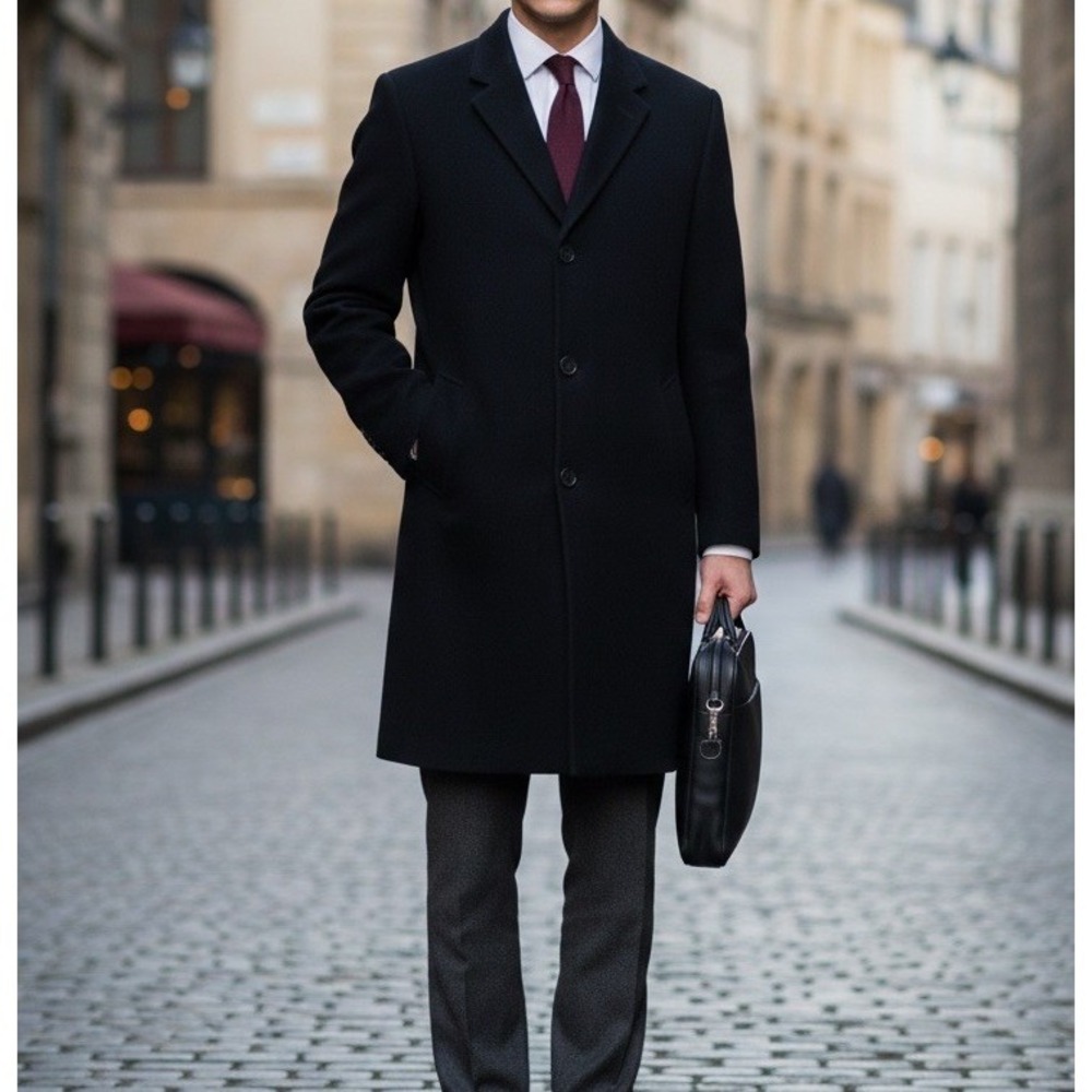 Jos. A. Bank Overcoat Men's 46L Black Wool‎ Cashmere Blend Long Top Coat